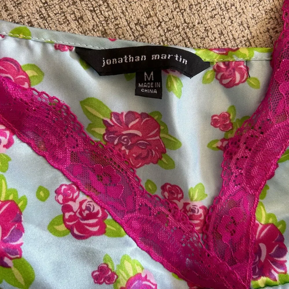 Jonathan Martin Floral slip dress silky with lace trim and slit Size M